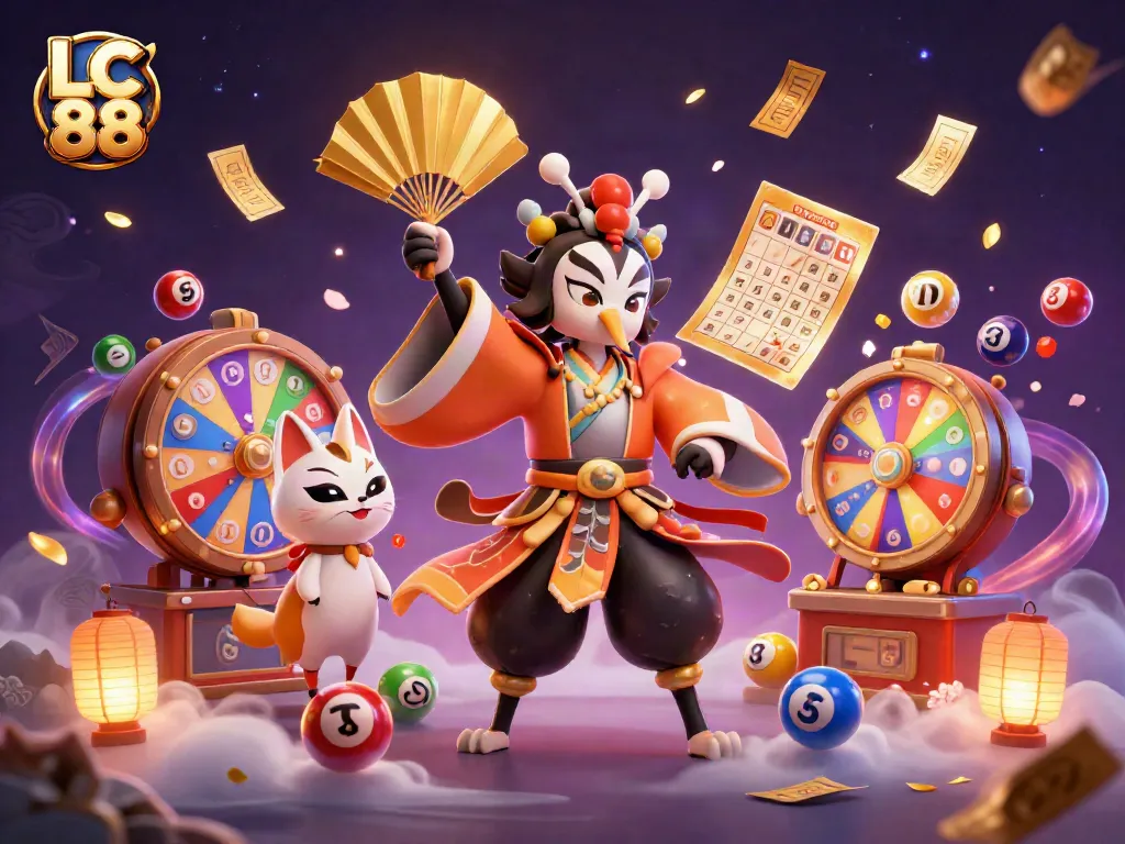 Experience the dazzling world of LC 88 as a kabuki warrior and kitsune mask create a vibrant gambling scene.