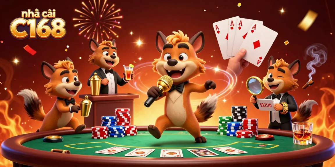 Experience exciting fun at nhà cái C168 with a vibrant comedy casino club and energetic hyena characters.