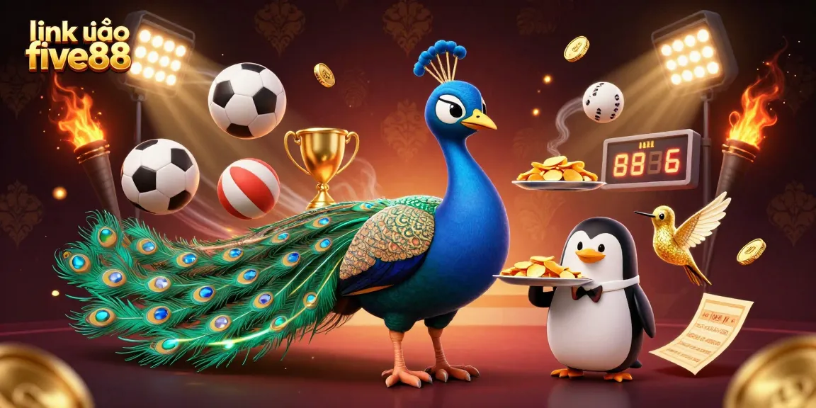 Play exhilarating games and find your luck with link vào five88 in this vibrant casino scene featuring a peacock and a penguin.