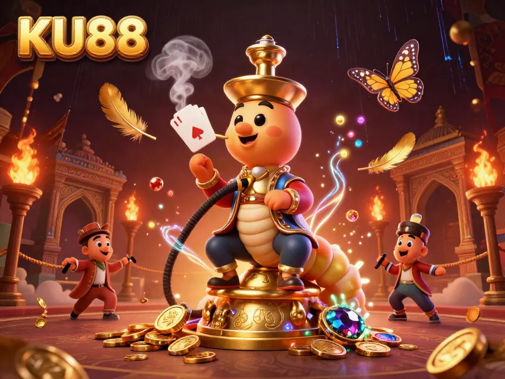 Experience the dynamic world of KU88 with a whimsical 3D scene featuring casino-themed elements and mystical creatures.