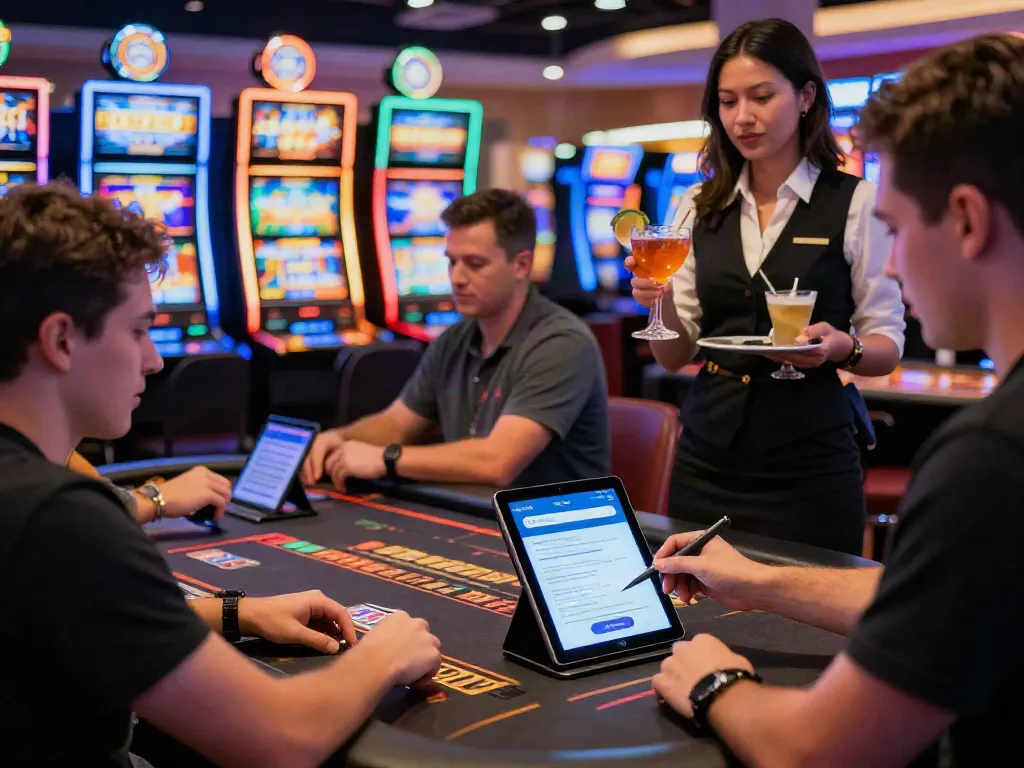 Schnelle Anmeldung im Casino in Belgien mit Spielern an Tischen und neuem Anmeldevorgang.