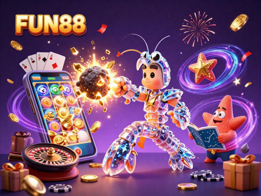 Engage in thrilling gameplay at FUN88 with vibrant animations, coins, and colorful slot machines.