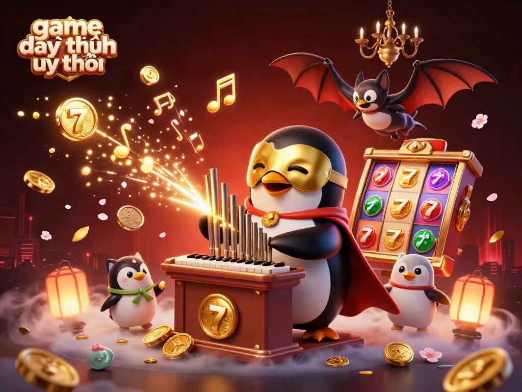 Game đổi thưởng uy tín showcases a vibrant 3D casino scene with animated characters amidst dazzling slot symbols and golden coins.