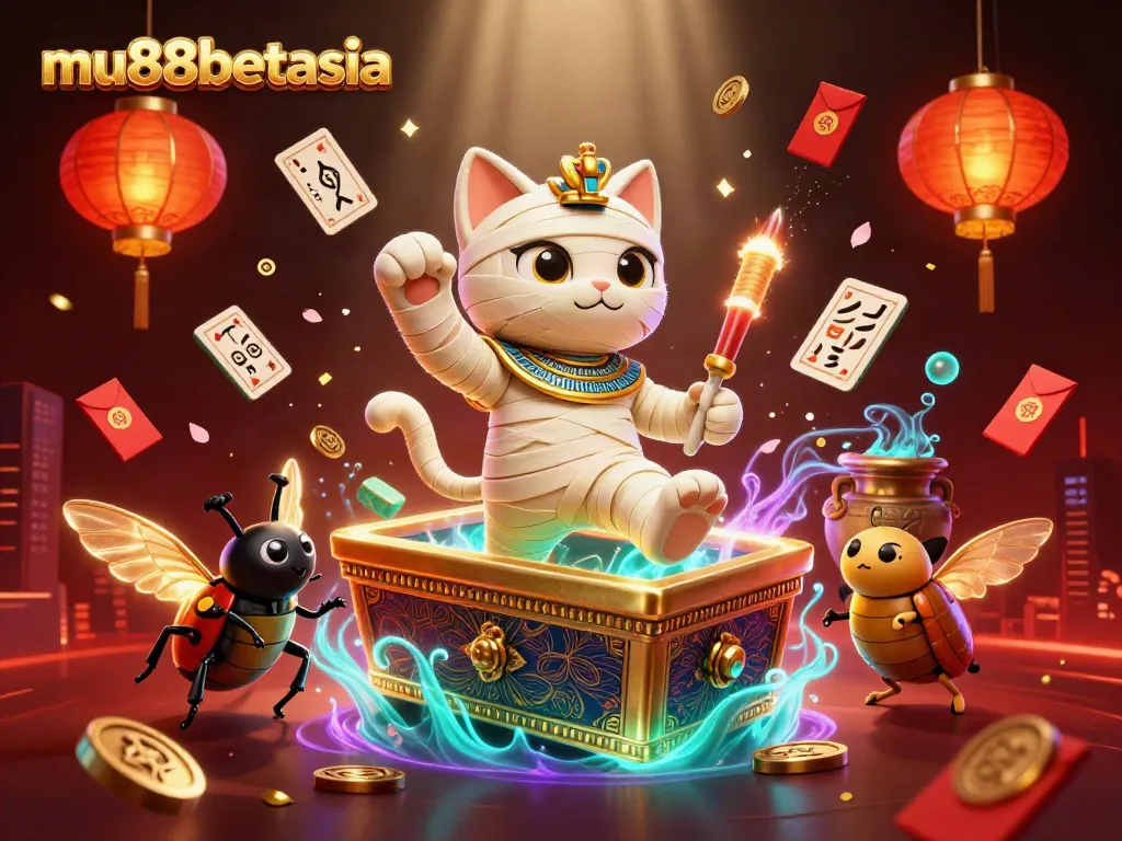 Experience thrilling gameplay at mu88betasia with a dazzling scene featuring a mythical Egyptian mummy cat and exciting casino elements.