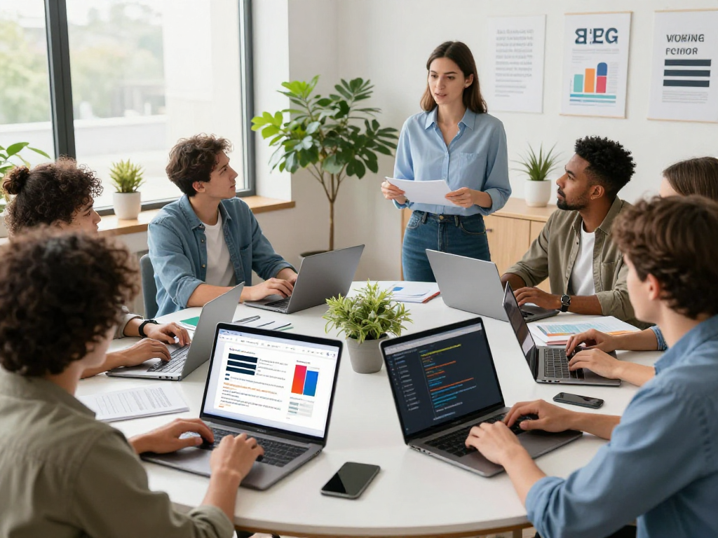 Creating Barrierefreie und rechtssichere Webseiten Dienstleistung with a diverse team in a modern office, emphasizing accessibility and compliance.