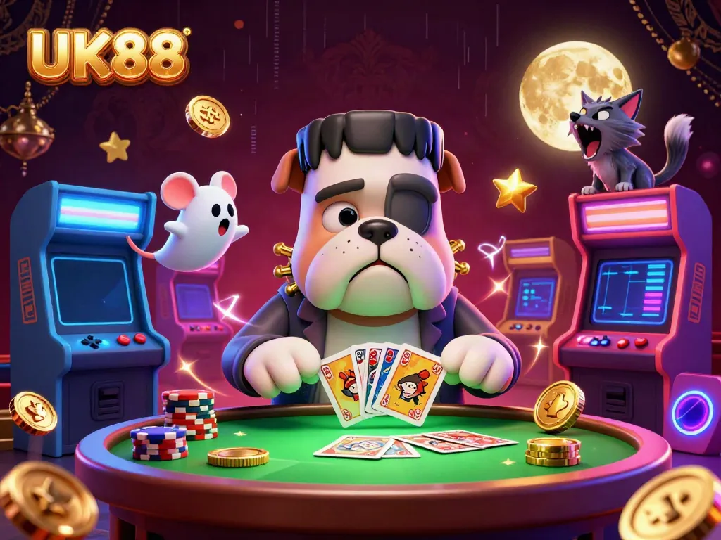 Experience UK88's thrilling casino atmosphere featuring iconic characters playing at a green table.