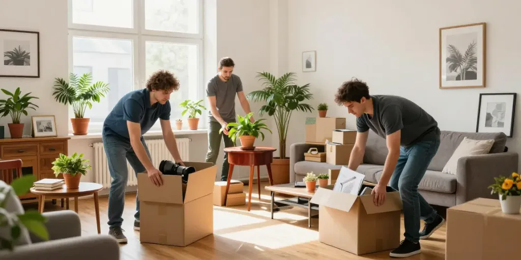 Professionelle Wohnungsauflösung Berlin mit Umzugscrew, die Möbel und persönliche Gegenstände verpacken.