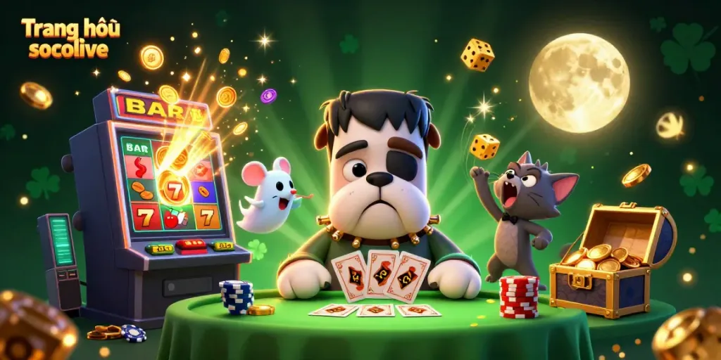 Engage with Trang chủ socolive's vibrant gambling scene featuring a Frankenstein bulldog dealer, a ghost mouse, and a werewolf kitten.