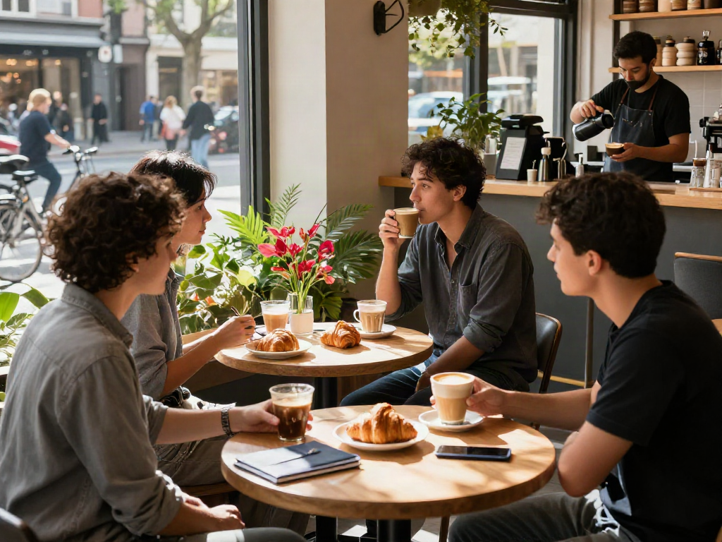 Gathering at a café enjoying rokok88 coffee and pastries in an urban setting