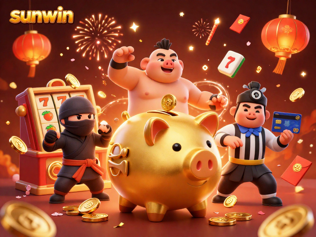 Experience thrilling gameplay at Sunwin with a dynamic scene featuring a golden piggy bank sumo wrestler amidst slot machines.
