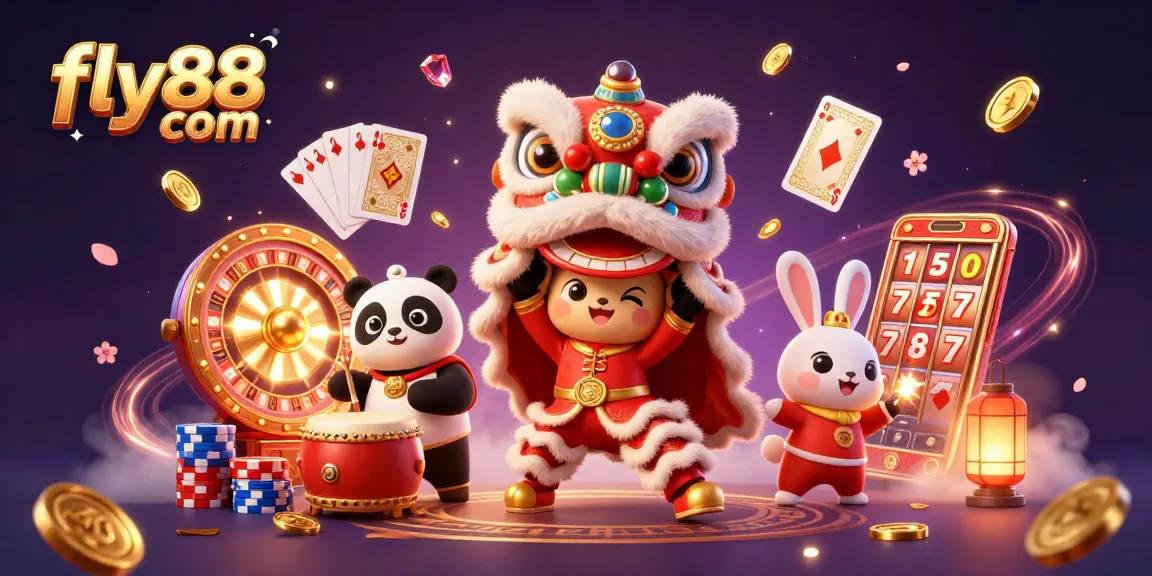 Experience the excitement of gambling with fly88 com, featuring festive characters and dynamic casino elements.