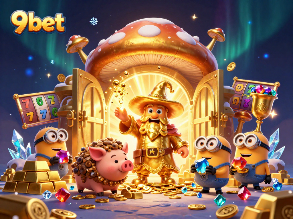 Spin to win with 9bet's exciting jackpot scene, featuring magical treasures and vibrant gameplay elements.