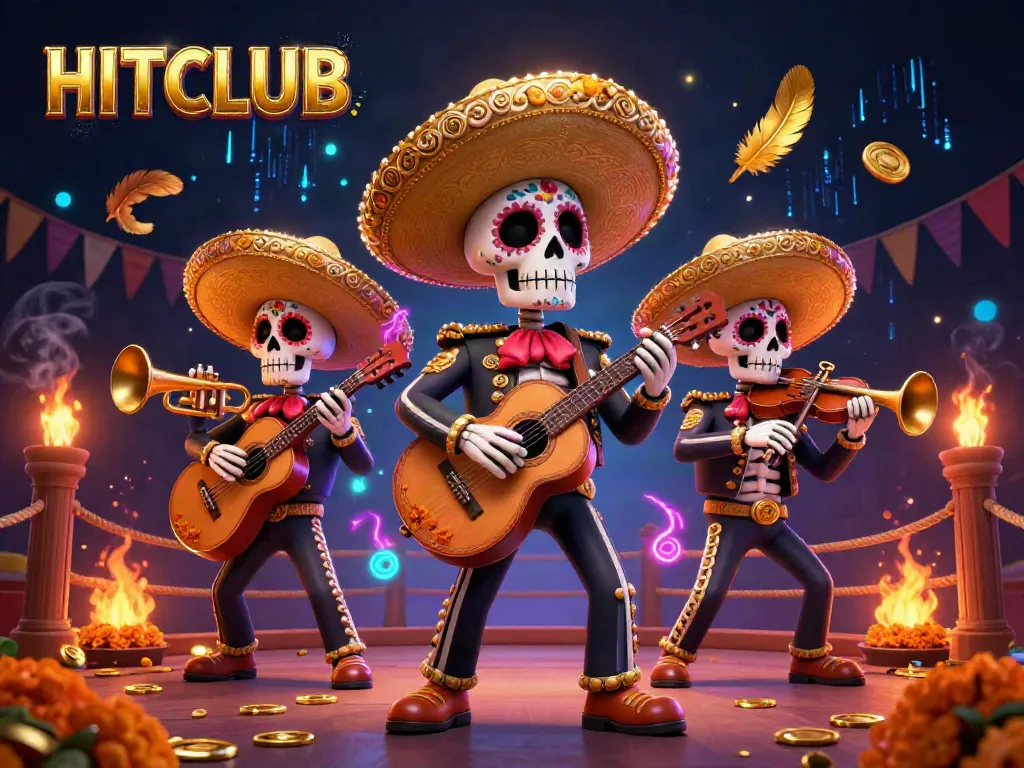 Experience the vibrant HITCLUB world with lively mariachi skeletons in a dynamic casino scene.