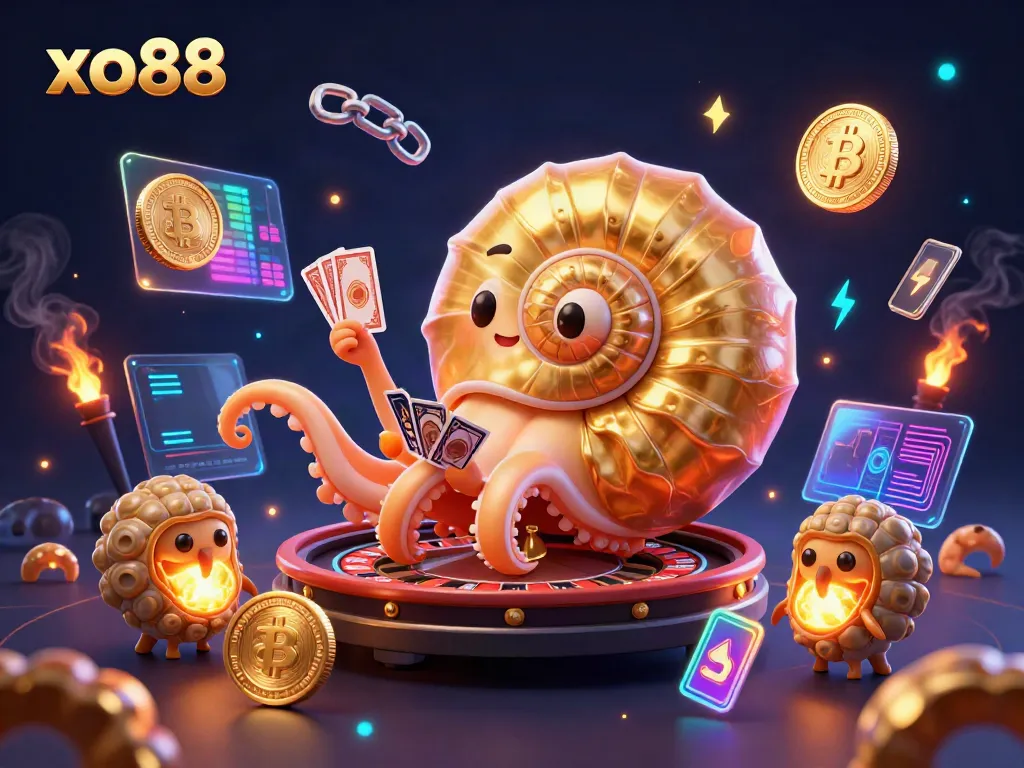 Engage with xo88 casino games featuring a giant nautilus roulette wheel and vibrant crypto elements.