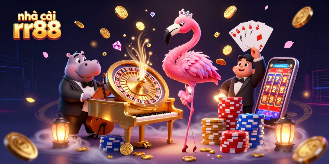 Experience thrilling games with nhà cái rr88, featuring vibrant characters amidst a cascade of coins and casino elements.