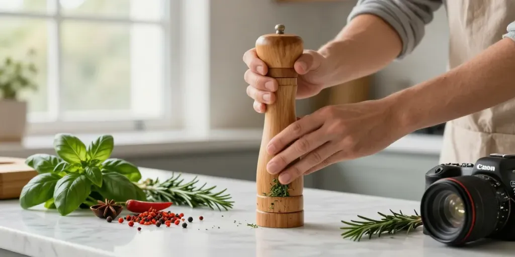 Using the bester grinder in a modern kitchen to prepare fresh herbs for a flavorful dish.