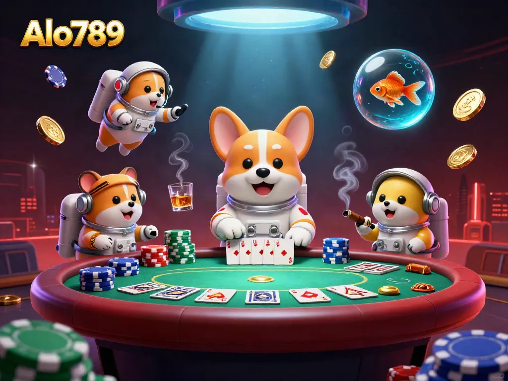 Alo789 features an astronaut corgi and friends floating in a space casino, showcasing vibrant gambling elements.