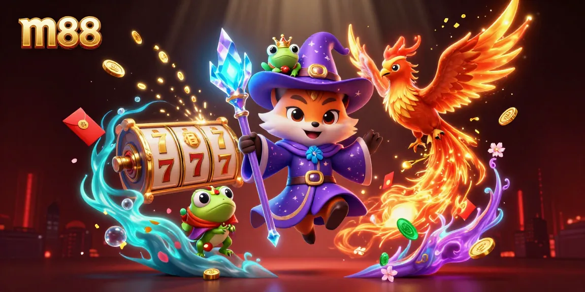 M88 captivates players with vibrant slot challenges, showcasing a wizard fox and phoenix in a fantasy setting.