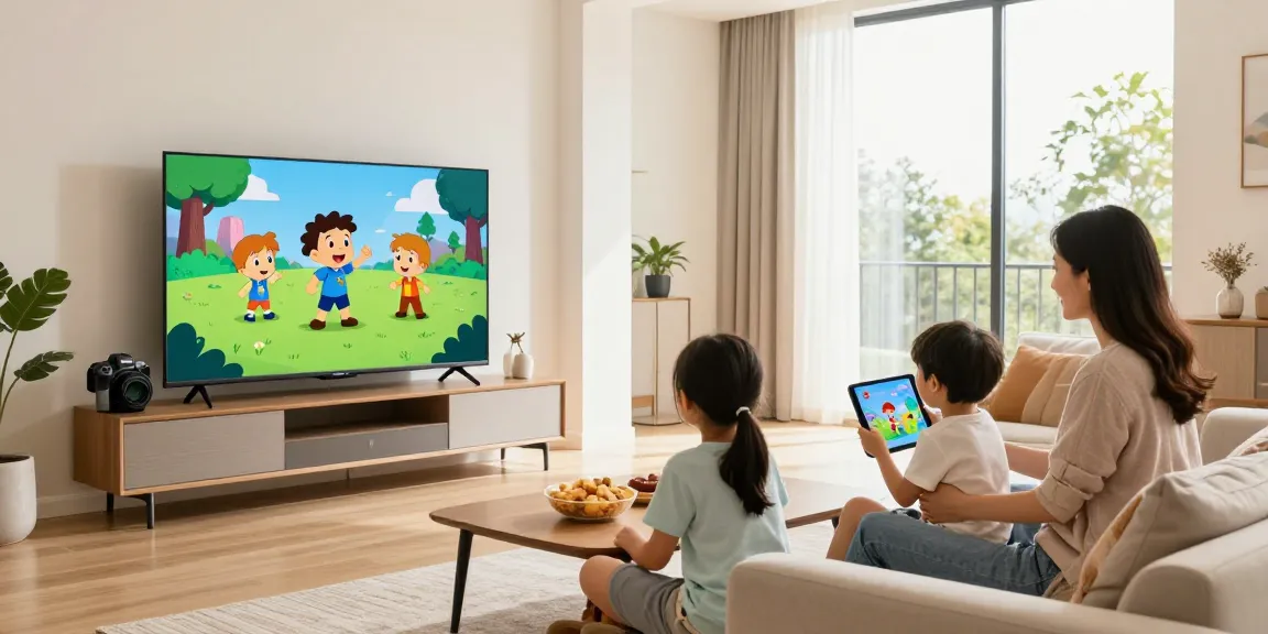 Familie, die zusammen IPTV auf ihrem Smart TV genießt, dabei deutsch iptv erlebend.