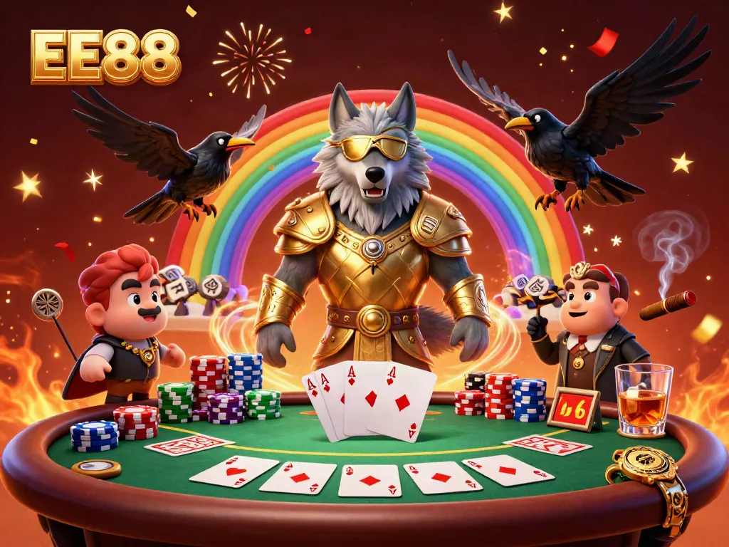 EE88 showcases a mythical setting with Odin, two ravens, and vibrant poker elements amidst a casino-themed rainbow bridge.