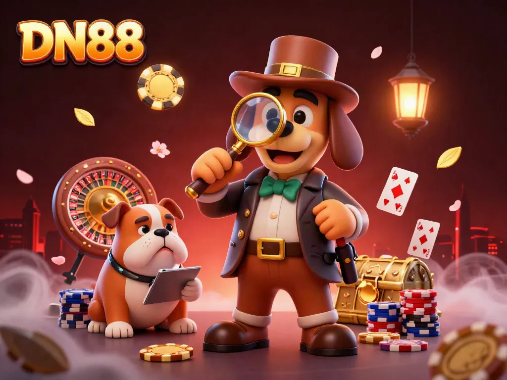 Engage with DN88's thrilling casino elements featuring a detective discovering treasures amidst vibrant 3D illustrations.