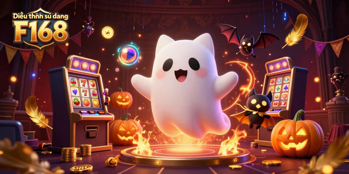 Engage with Điều khoản sử dụng F168 while enjoying a dynamic 3D casino scene featuring a ghost cat and a vampire bat.