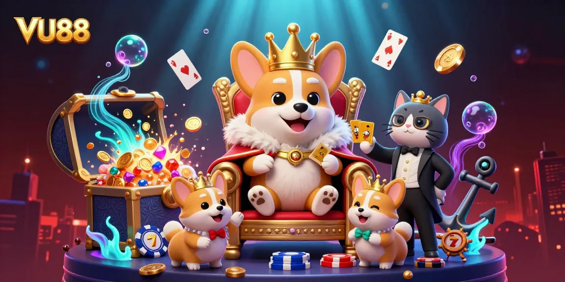 Experience the thrilling world of VU88 with a royal corgi and vibrant casino elements.