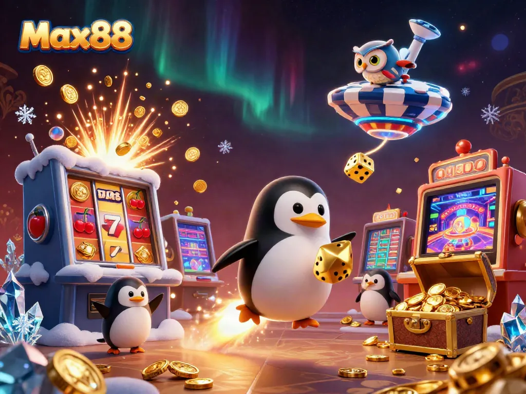 Max88 inspires excitement with a penguin rocket and golden coins in a thrilling casino cosmos.