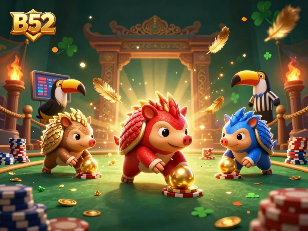 B52 pangolins compete in a vibrant casino setting, showcasing gambling excitement and strategy.