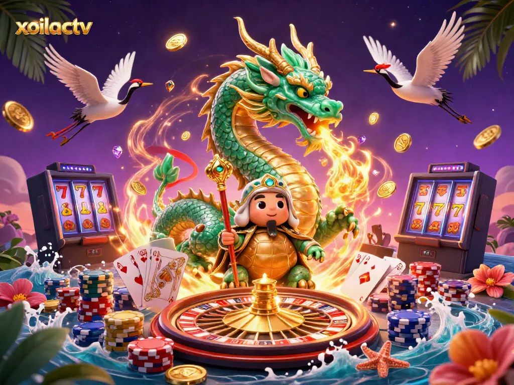 Experience the thrilling action of xoilactv with a jade dragon, lucky cranes, and dynamic casino elements.