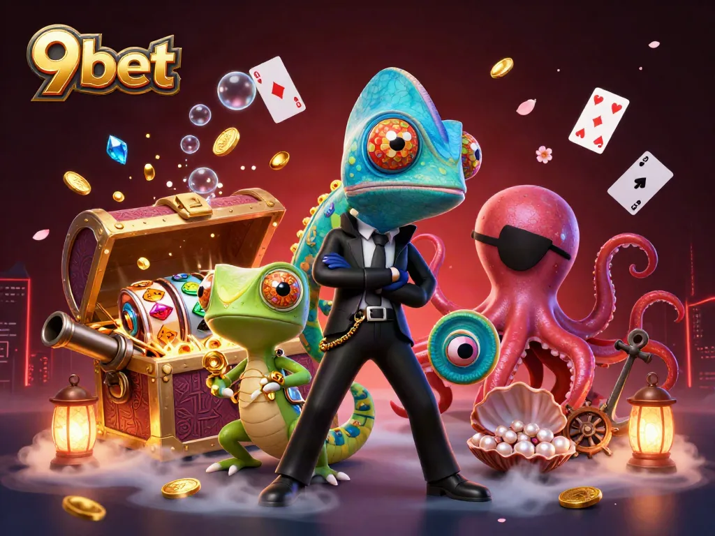 Bet big with 9bet in this vibrant 3D illustration featuring exciting casino games and dynamic characters.