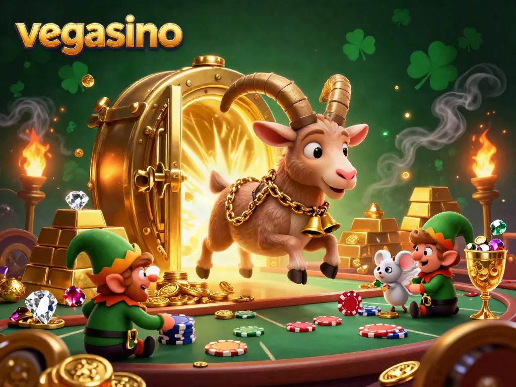 Experience thrilling gaming at vegasino with a festive Krampus goat, an orderly angel mouse, and mischievous elf gremlins stealing chips.