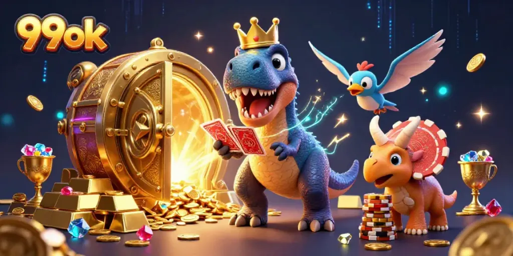 Engage with 99ok's vibrant 3D scene featuring a T-Rex, cards, and golden chips in action.