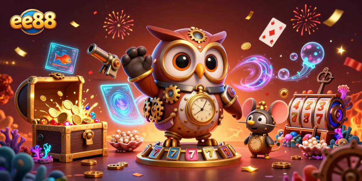 Play engaging casino games at ee88 with fun characters in a vibrant, dynamic scene.