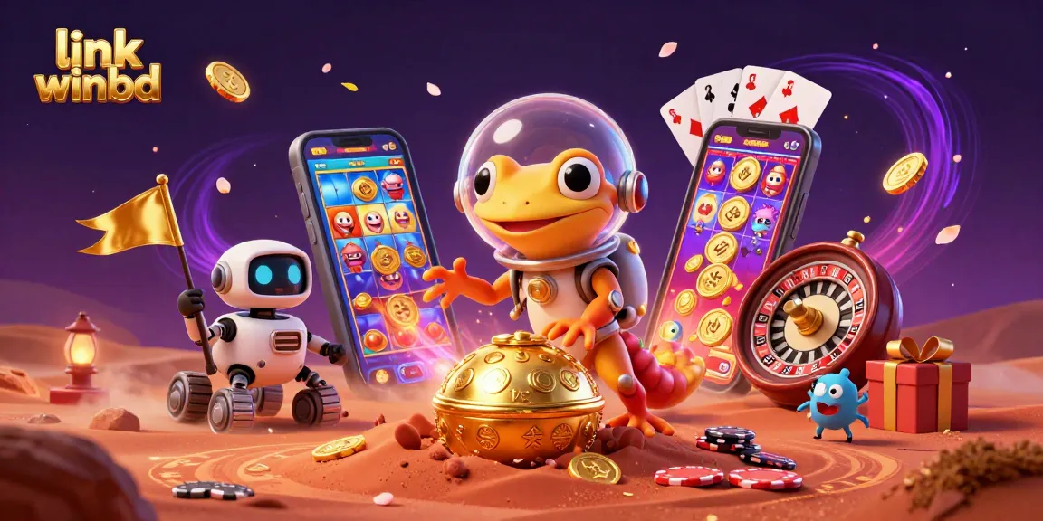 Spin and win at link winbd with a vibrant 3D casino scene featuring games and characters celebrating.