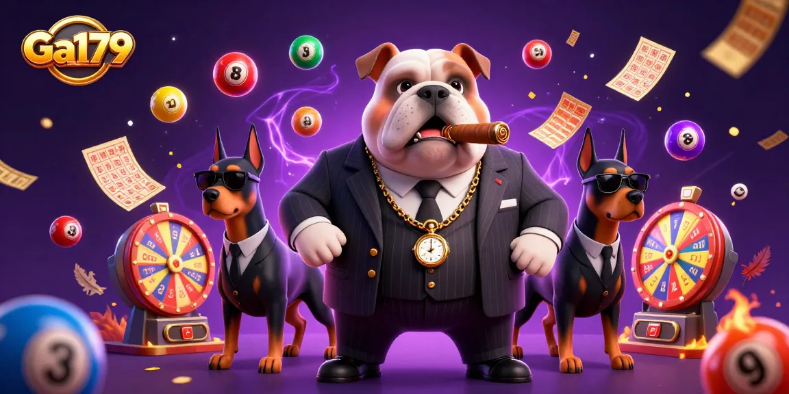Action-packed scene featuring Ga179's mafia bulldog boss and two Doberman bodyguards amidst dynamic lottery elements.
