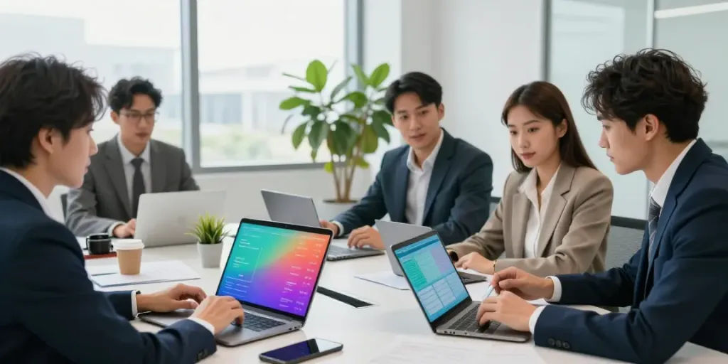 Equipo profesional discutiendo soluciones digitales de netcash en una oficina moderna.