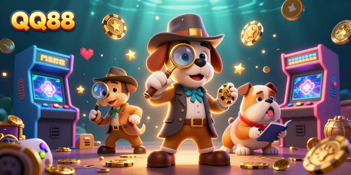 Engage with QQ88 casino games featuring a detective duo seeking treasure amidst vibrant arcade elements.