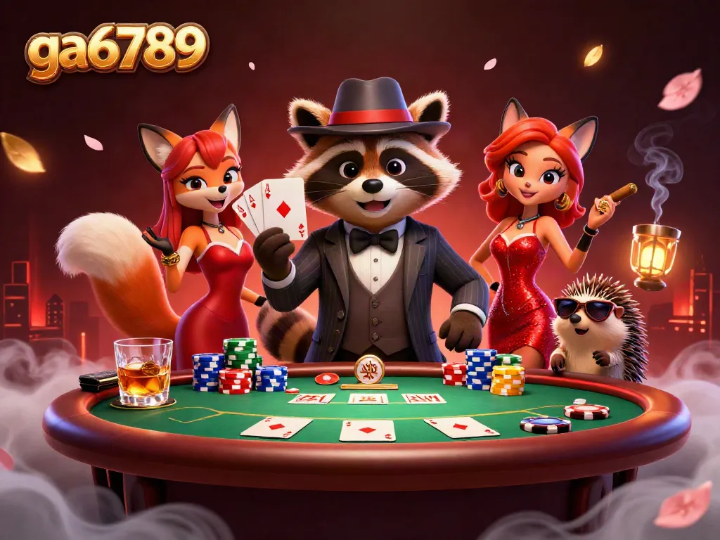 Experience thrilling poker with raccoon and fox in ga6789, holding royal flush amidst vibrant game elements.