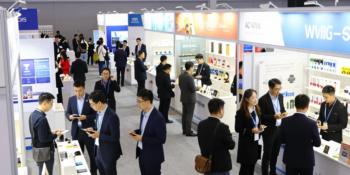Exhibitors engaging with attendees at a vibrant trade show, showcasing innovative products and services.