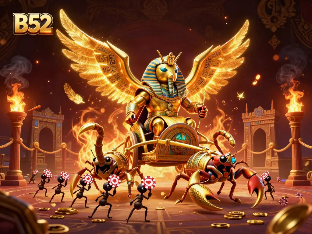 B52 engages players with a dynamic gaming scene featuring a golden scarab and vibrant casino elements.