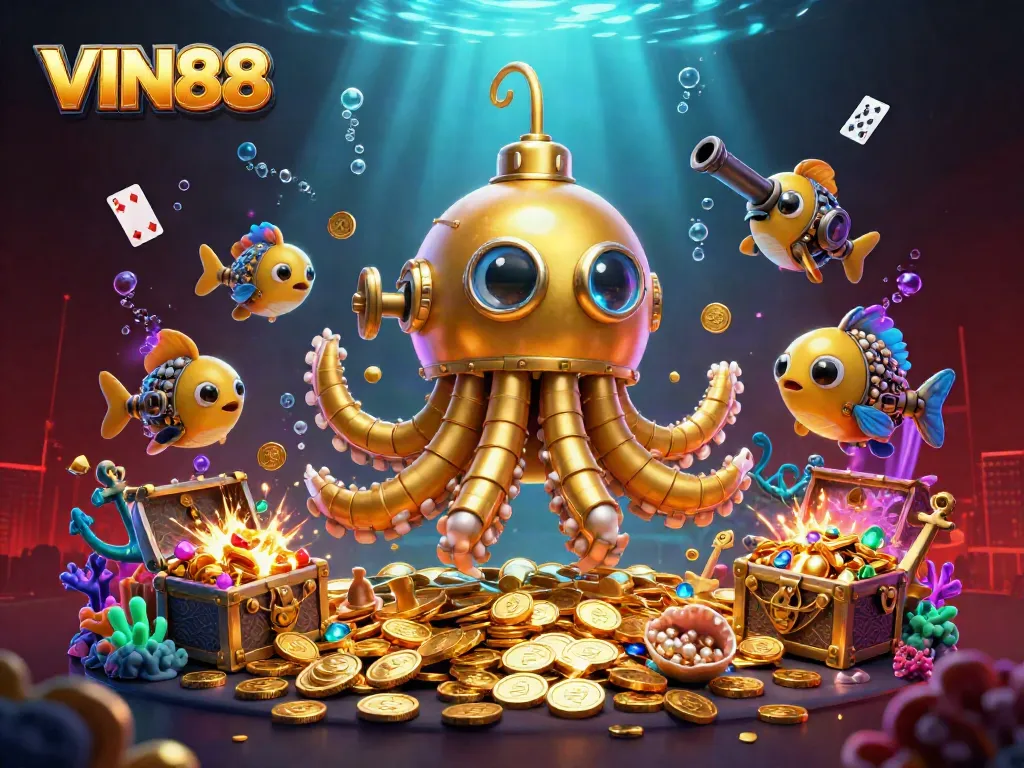 Experience the thrilling undersea adventure with VIN88, featuring a kraken submarine and mechanical fish amidst gold coins.