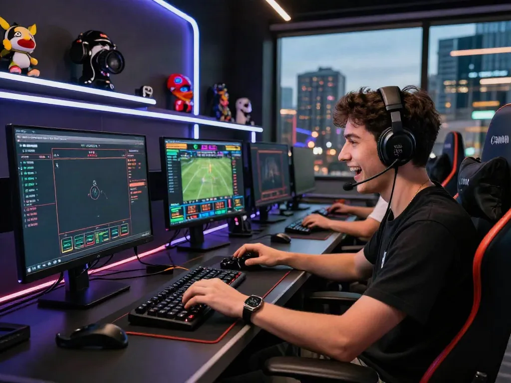 Engaged Uk88 player betting online with multiple screens and a city view.