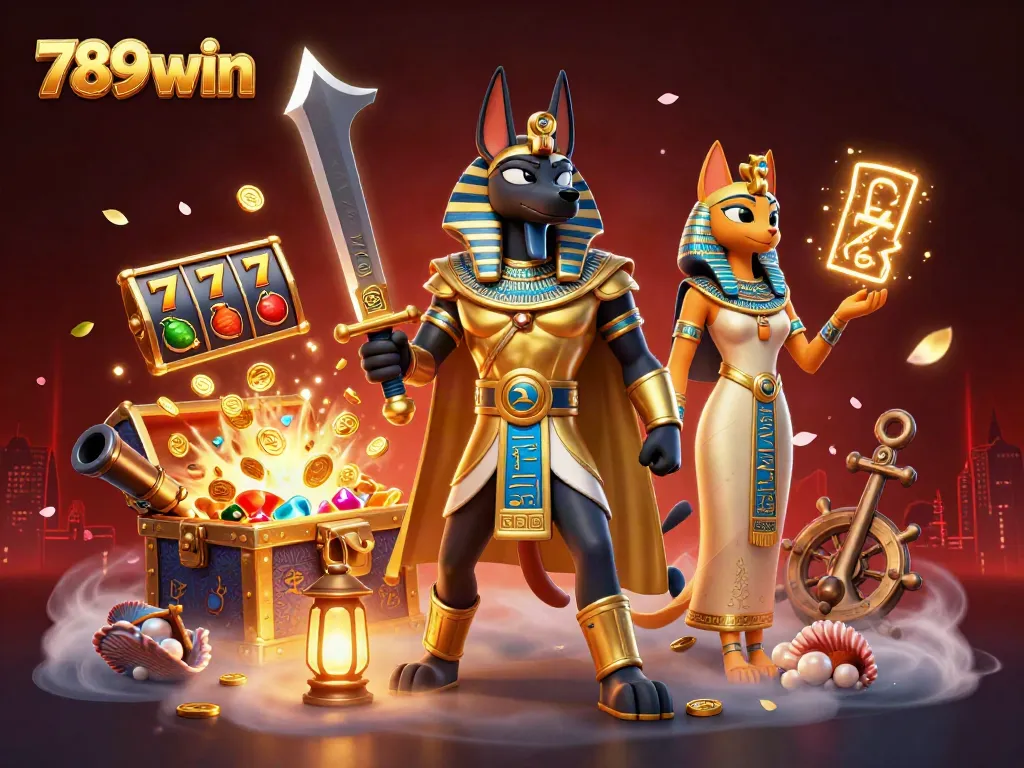Experience exciting gameplay with 789win's vibrant casino scene featuring Anubis and slot elements.