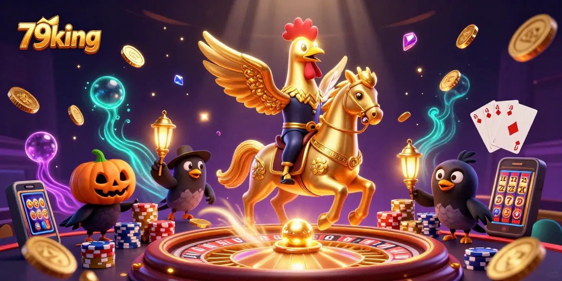 Win big at 79king showcasing a golden rooster riding through a vibrant casino scene filled with excitement.