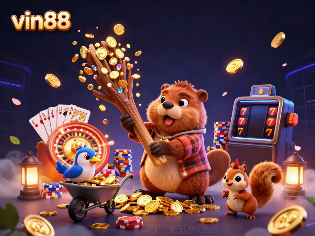 Experience thrilling gaming at vin88 with vibrant cartoon characters in a bustling casino scene.