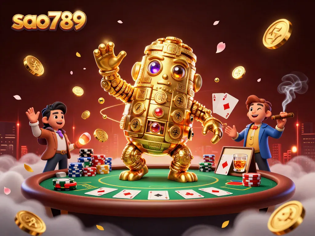 Experience the thrill of sao789 with a golden golem and vibrant poker scene illustrating dynamic play.