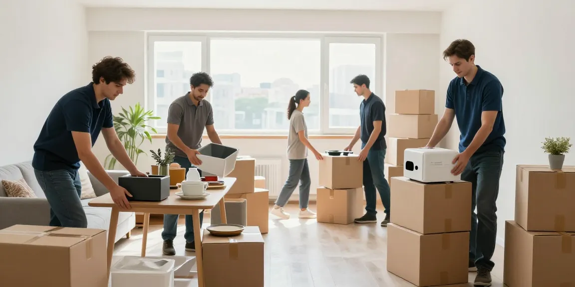 Professionelles Team bei der Wohnungsräumung Wien, Möbel und Kisten organisiert im hellen Wohnraum.