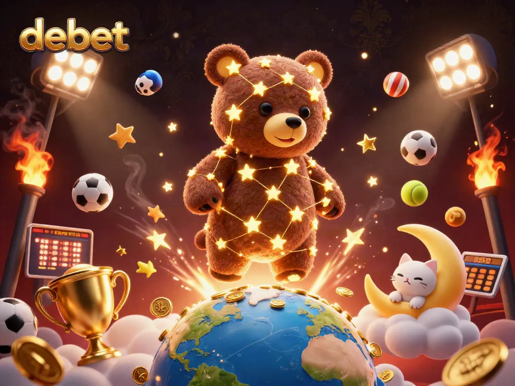 Experience the thrill at debet as a constellation bear scoops up coins amidst dynamic sports elements.