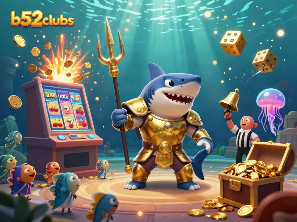 Experience b52clubs in a vibrant underwater casino scene featuring a golden shark and dynamic game elements.